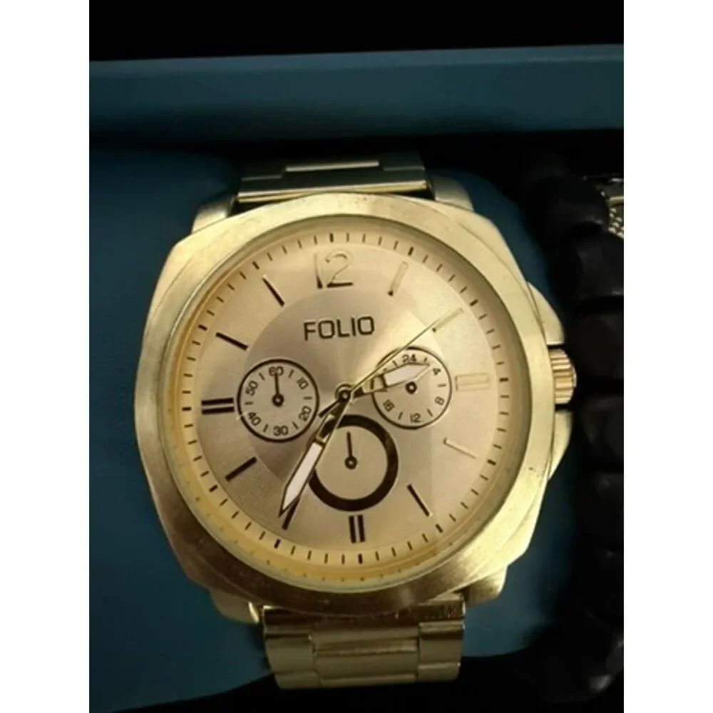 Folio Men Three-Hand Gold-Tone Watch with bracelets